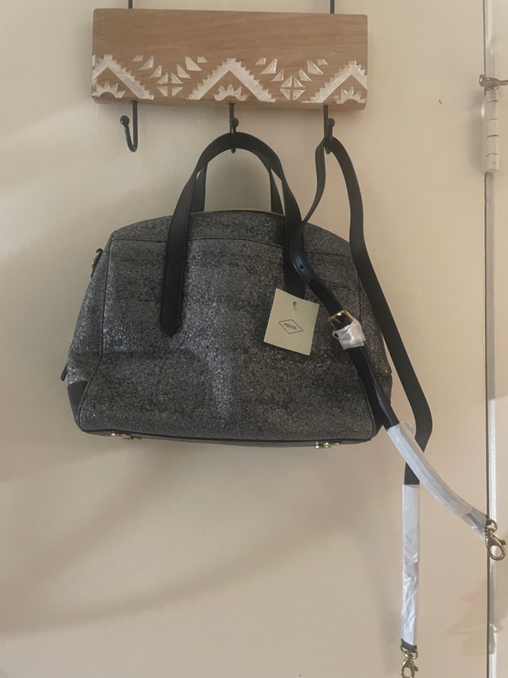 Fossil Sydney Gunmetal Glitter Satchel Crossbody NWT - Picture 5 of 14